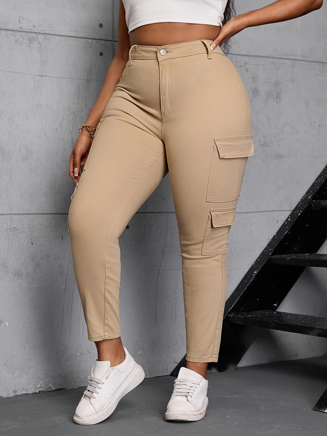 High Waisted Straight Stretch Cargo Jeans
