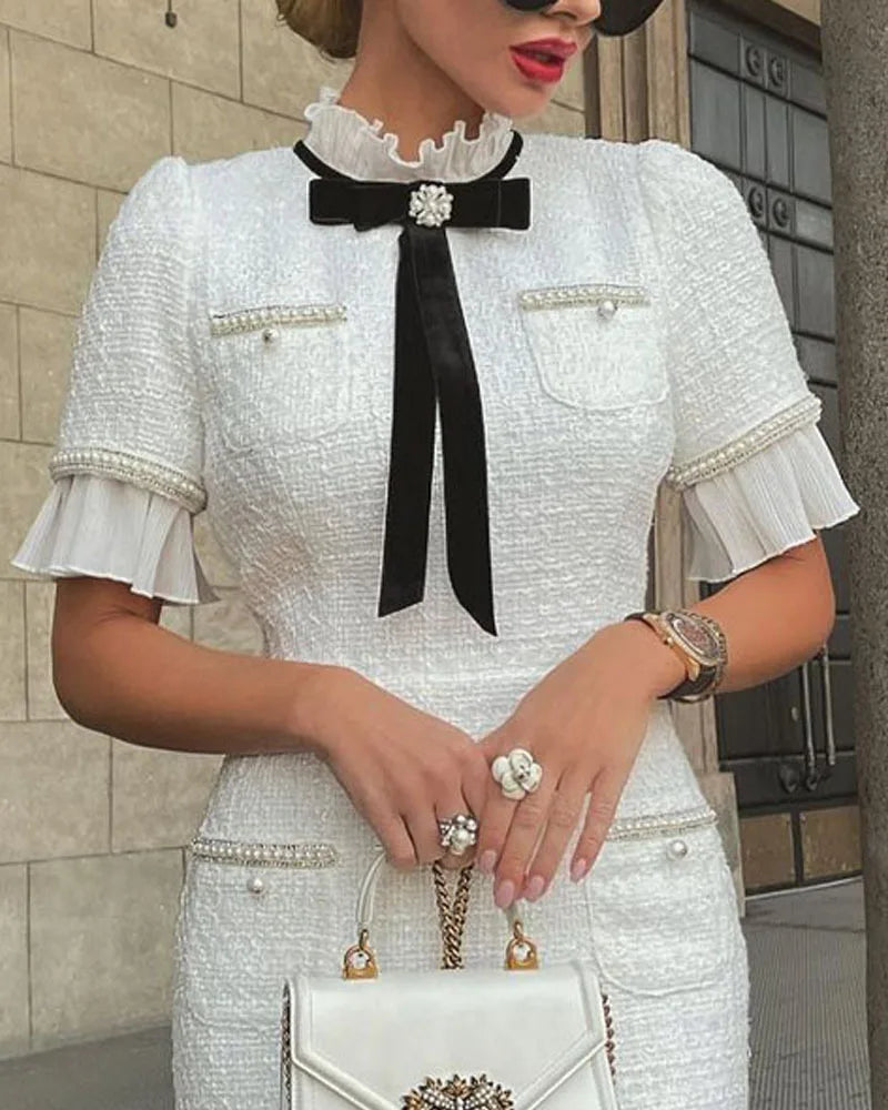 Elegant Round Bow Ruffle White Dress