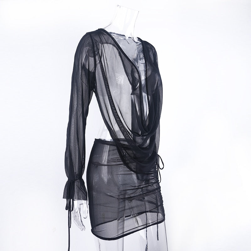 Deep V-neck Long Sleeve Backless Tops + Drawstring Mesh Mini Skirt