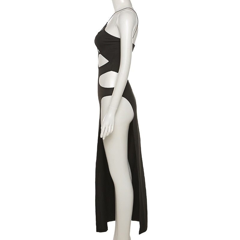 Ladies New Year's Eve Fashion Black Halter Cut-Out Hight Waist Split Long Dress