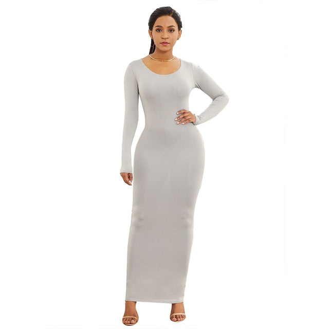 Sexy Solid Color Long Sleeve Round Neck Bodycon Maxi Dress