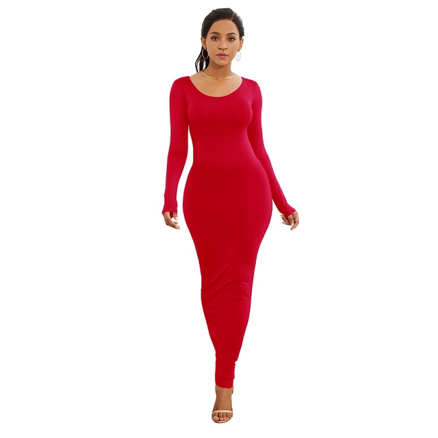 Sexy Solid Color Long Sleeve Round Neck Bodycon Maxi Dress