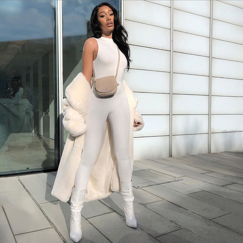 Solid O Neck Sleeveless Pencil Pants Body Suit