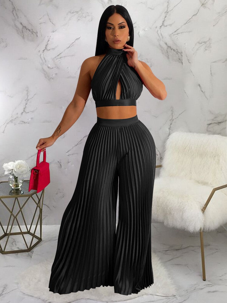 Sexy Off The Shoulder Backless Crop Top and High Waist Pleated Wide Leg Set