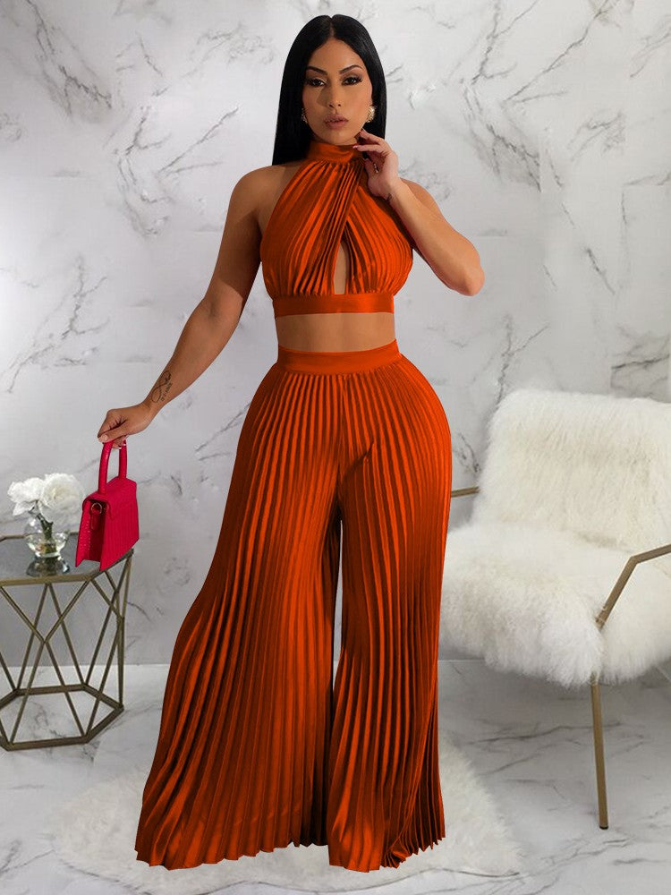 Sexy Off The Shoulder Backless Crop Top and High Waist Pleated Wide Leg Set