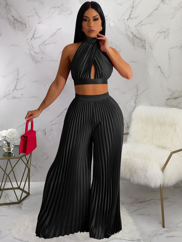 Sexy Off The Shoulder Backless Crop Top and High Waist Pleated Wide Leg Set