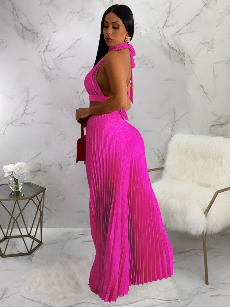 Sexy Off The Shoulder Backless Crop Top and High Waist Pleated Wide Leg Set