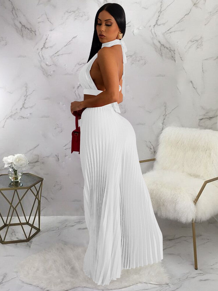 Sexy Off The Shoulder Backless Crop Top and High Waist Pleated Wide Leg Set