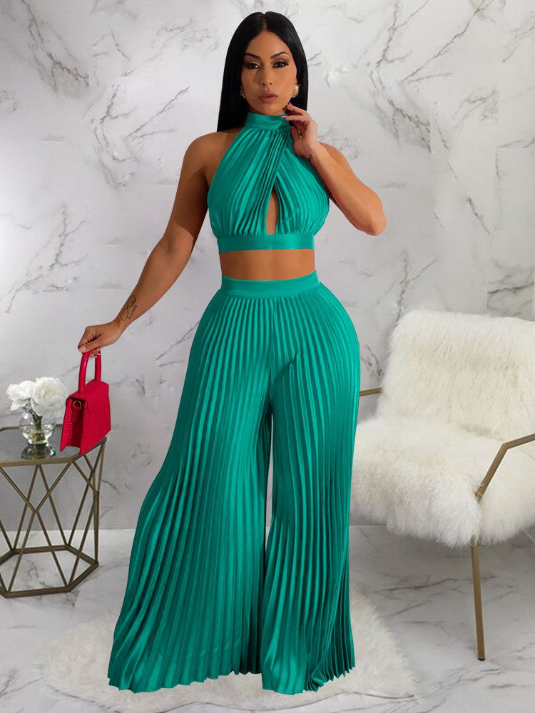 Sexy Off The Shoulder Backless Crop Top and High Waist Pleated Wide Leg Set