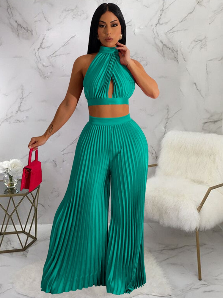 Sexy Off The Shoulder Backless Crop Top and High Waist Pleated Wide Leg Set