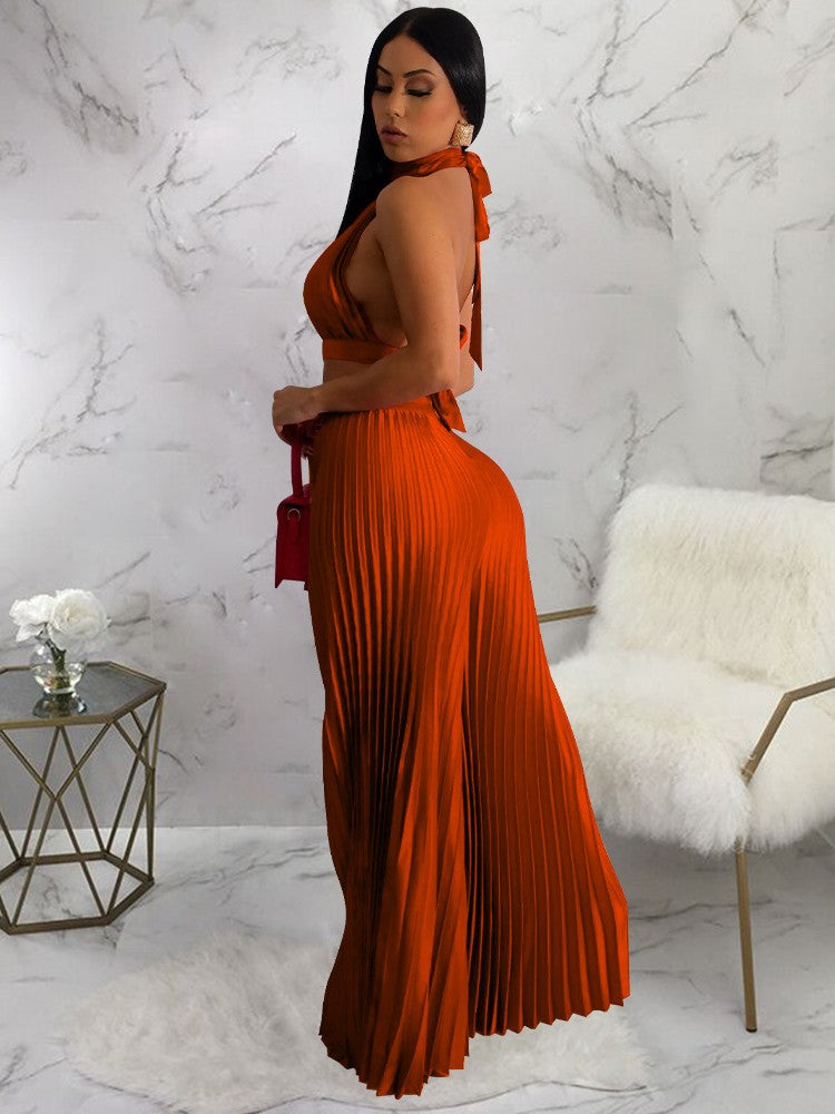 Sexy Off The Shoulder Backless Crop Top and High Waist Pleated Wide Leg Set