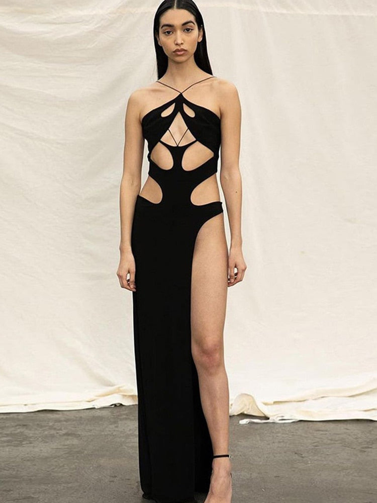 Ladies New Year's Eve Fashion Black Halter Cut-Out Hight Waist Split Long Dress