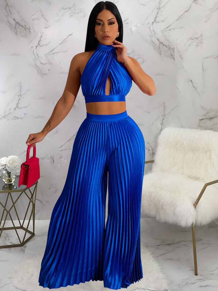 Sexy Off The Shoulder Backless Crop Top and High Waist Pleated Wide Leg Set