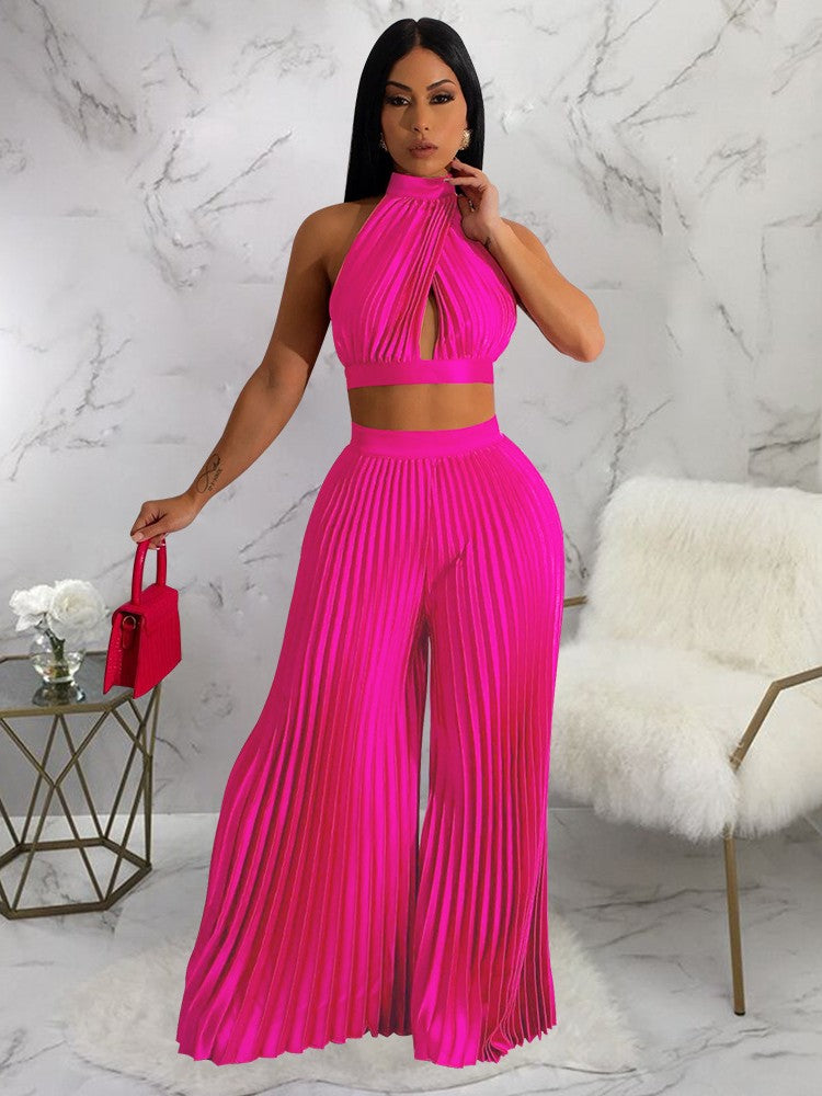 Sexy Off The Shoulder Backless Crop Top and High Waist Pleated Wide Leg Set