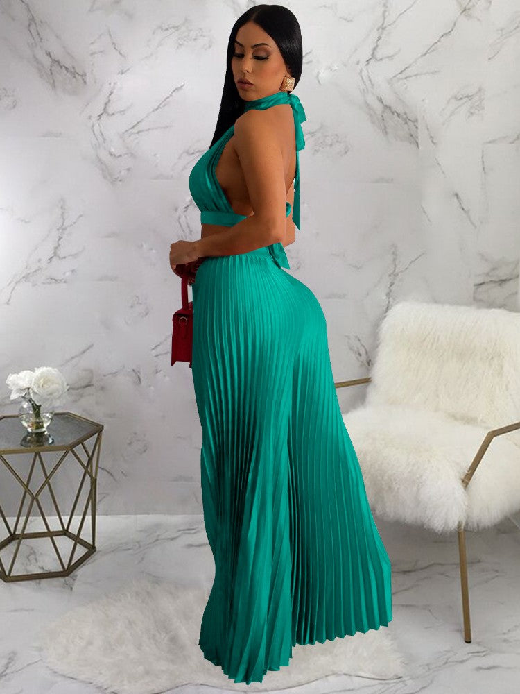 Sexy Off The Shoulder Backless Crop Top and High Waist Pleated Wide Leg Set