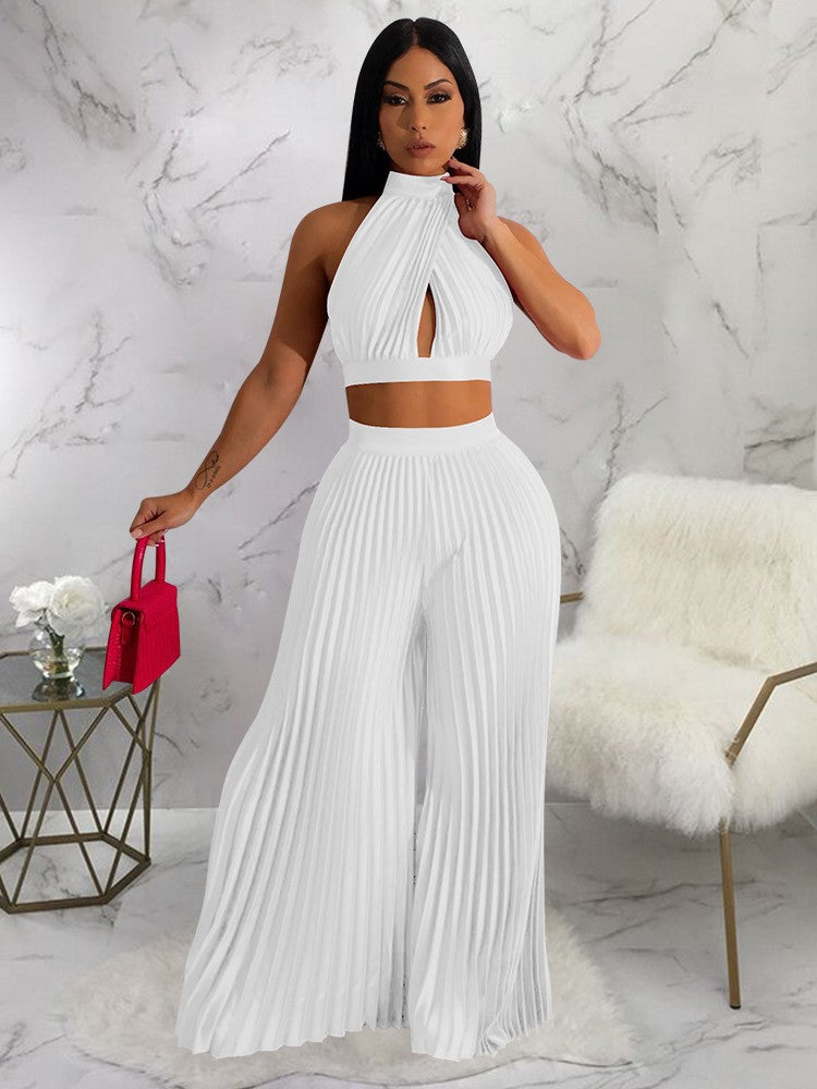Sexy Off The Shoulder Backless Crop Top and High Waist Pleated Wide Leg Set