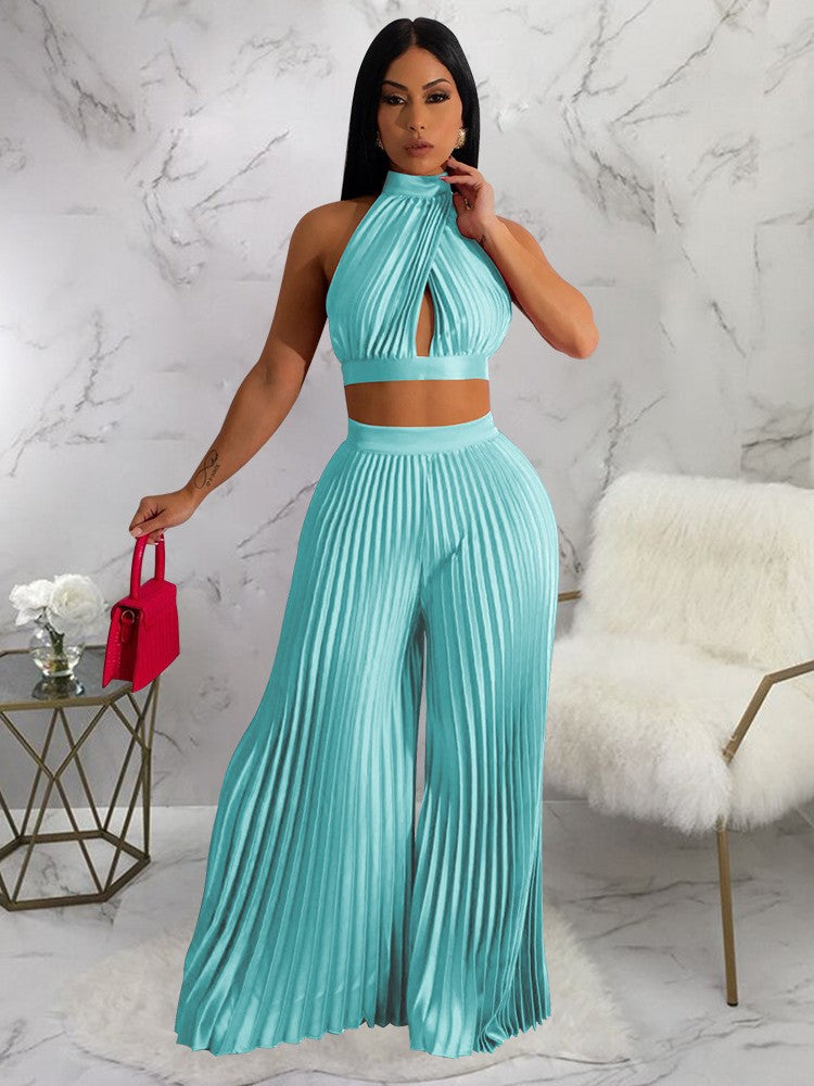 Sexy Off The Shoulder Backless Crop Top and High Waist Pleated Wide Leg Set