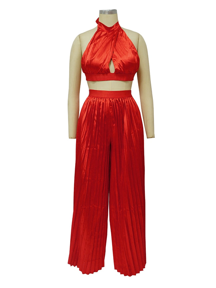 Sexy Off The Shoulder Backless Crop Top and High Waist Pleated Wide Leg Set