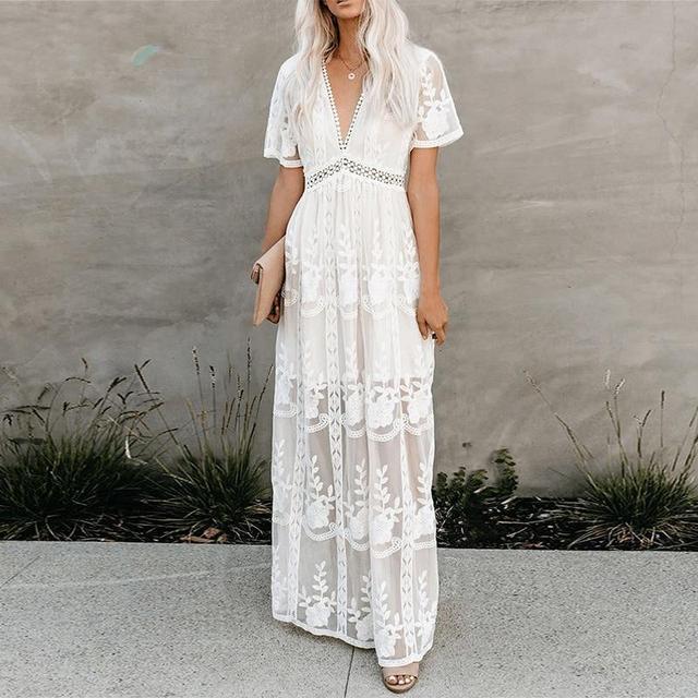 New Lace Long-Sleeve V-neck Hollow Out Embroidered  Maxi Dress