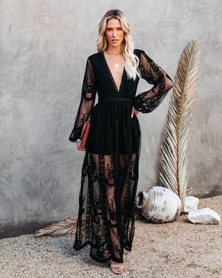 New Lace Long-Sleeve V-neck Hollow Out Embroidered  Maxi Dress