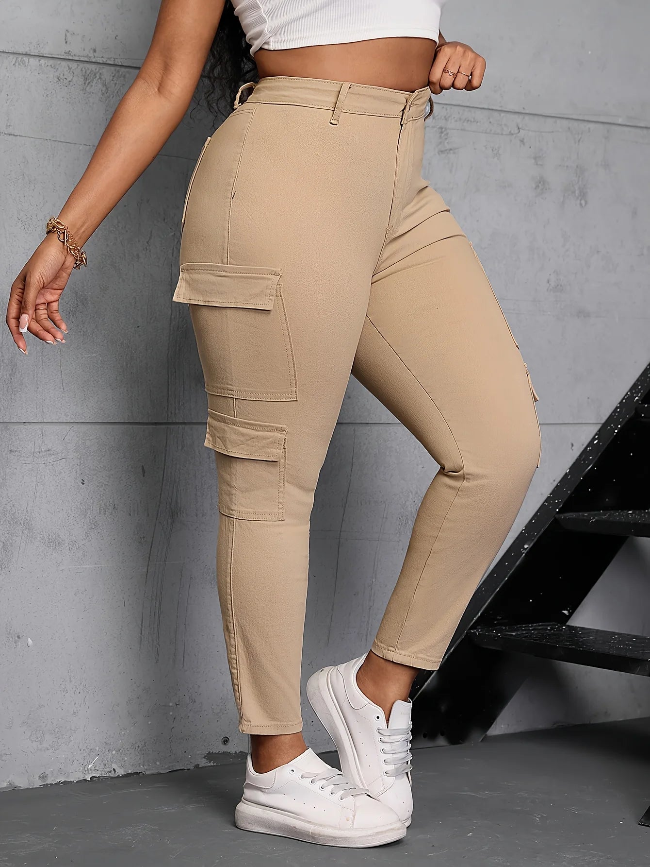 High Waisted Straight Stretch Cargo Jeans