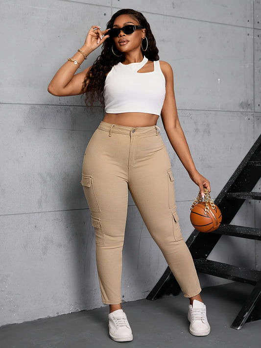 High Waisted Straight Stretch Cargo Jeans