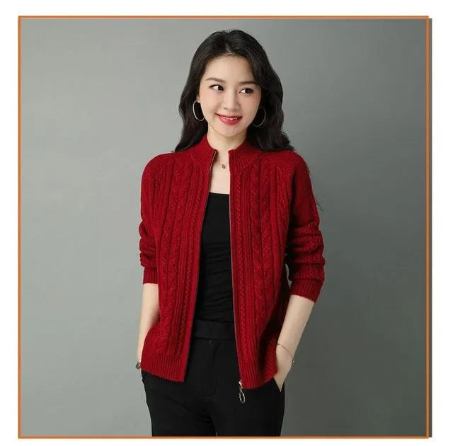 High Collar Zipper Knitted Cardigan