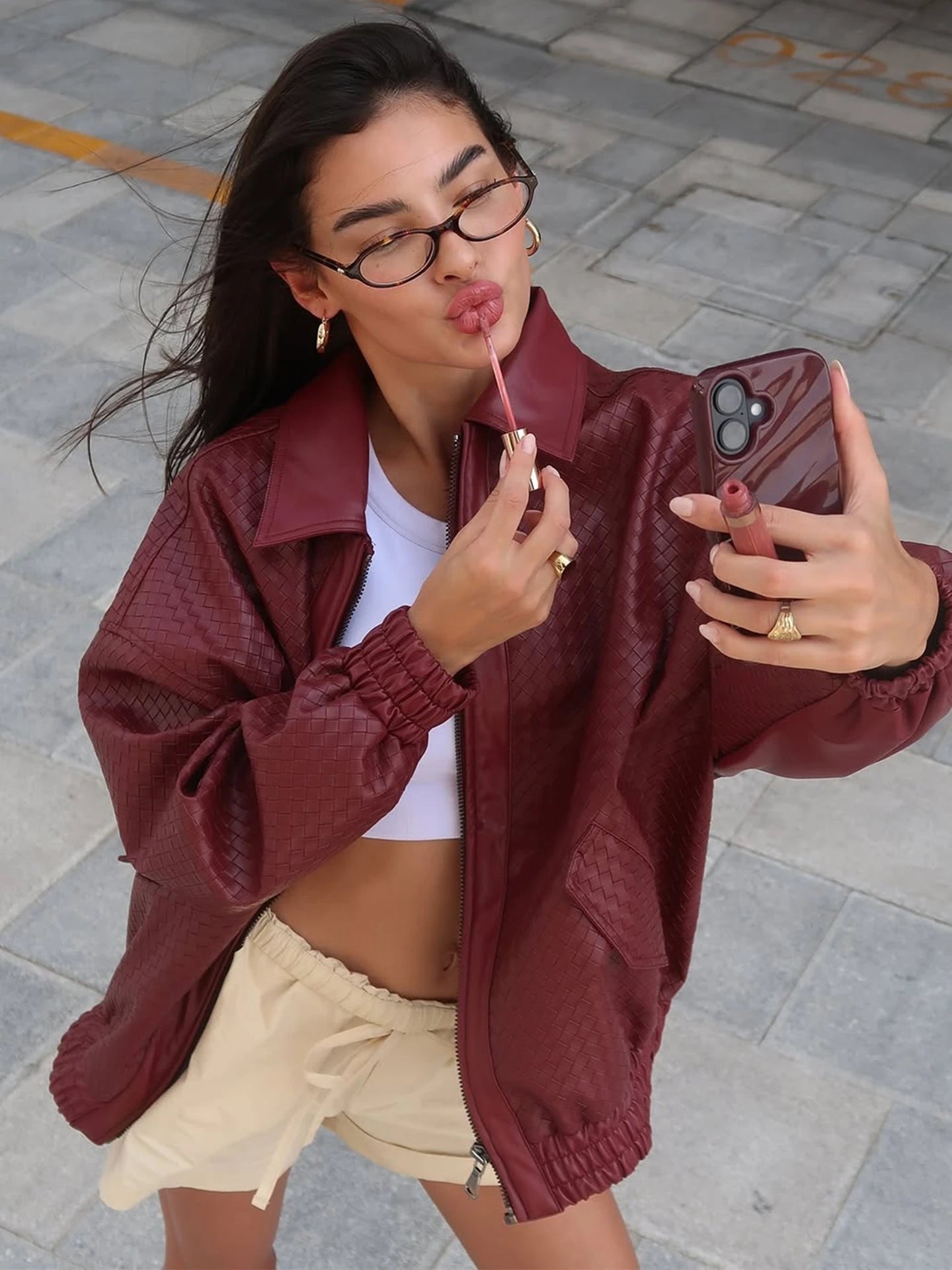 Fashion Turn-Down Collar  Leather Jacket