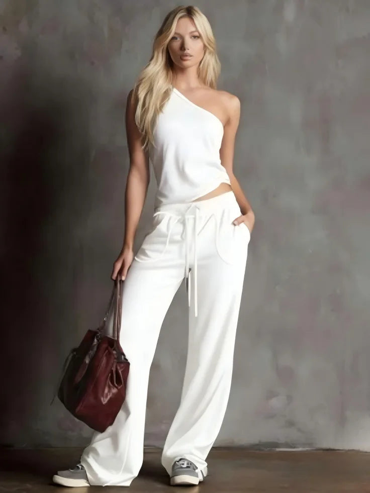 New Summer Women's Casual Straight Wide-leg Pants + Slanted Shoulder Short Fashion Top Two-piece Set Woman Fashion Sporty Suit