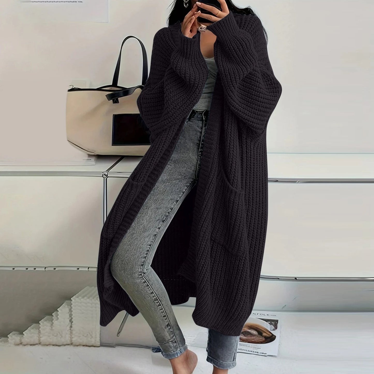 Long Sleeved Knee Length Knitted Overcoat