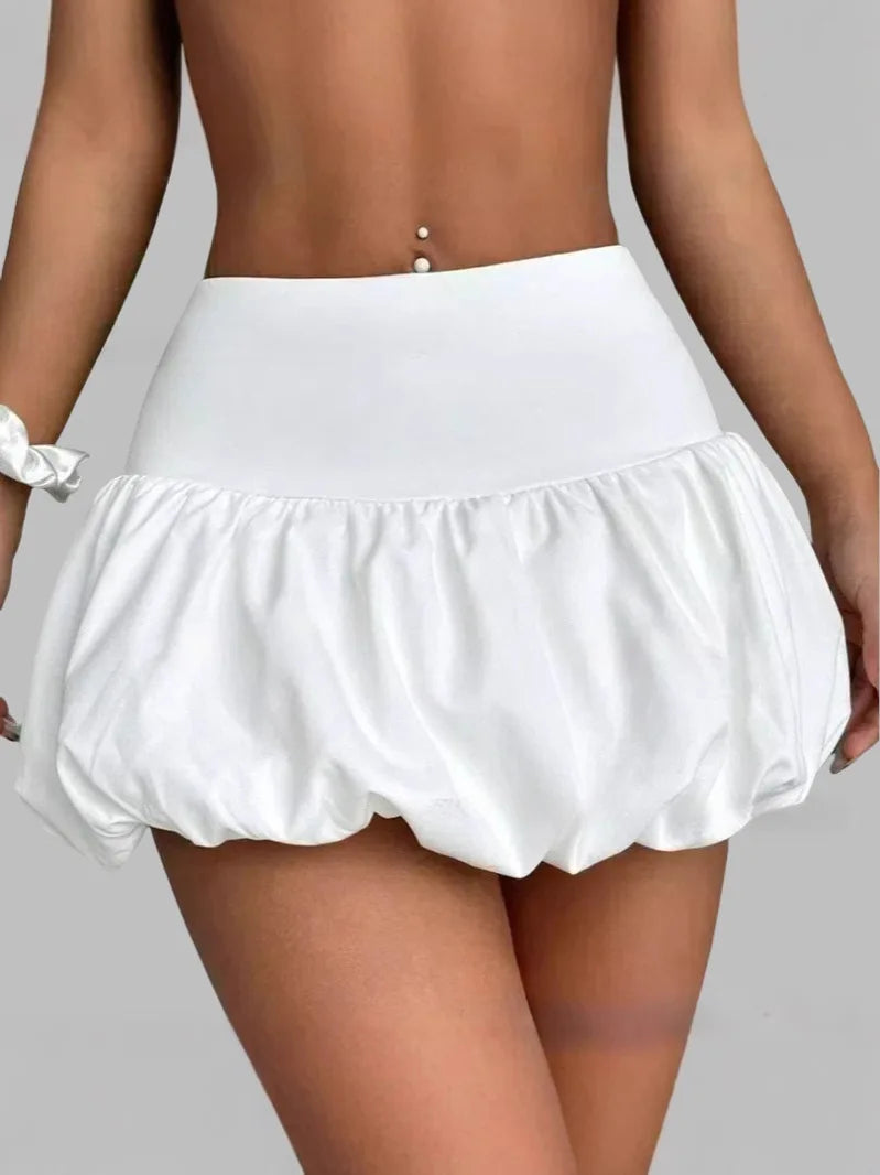 Women Ruffle Hem Ruched Puffy Short Skirt Elastic Waist Patchwork Pleated Bubble Mini Skirt Girls Cute Balloon Skirt Streetwear
