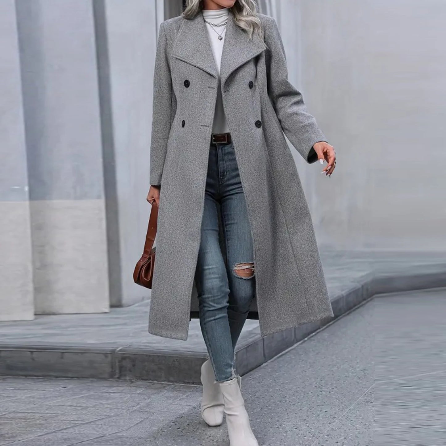 Winter Woolen Solid Color Casual Knee-Length Coat