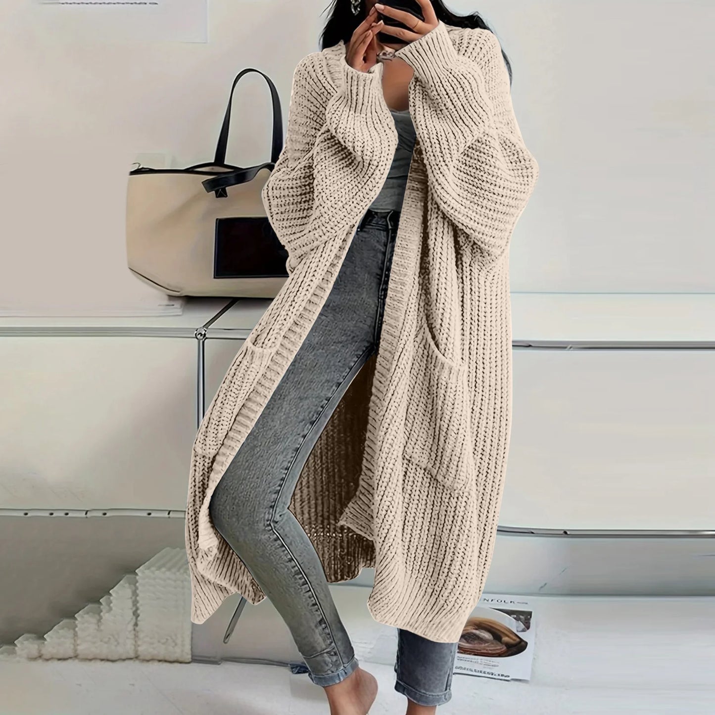 Long Sleeved Knee Length Knitted Overcoat