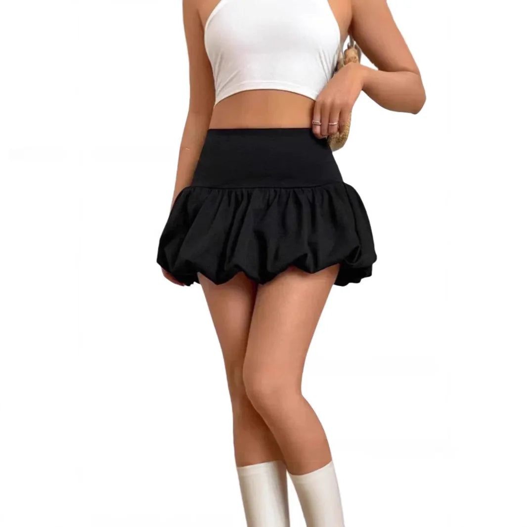 Women Ruffle Hem Ruched Puffy Short Skirt Elastic Waist Patchwork Pleated Bubble Mini Skirt Girls Cute Balloon Skirt Streetwear