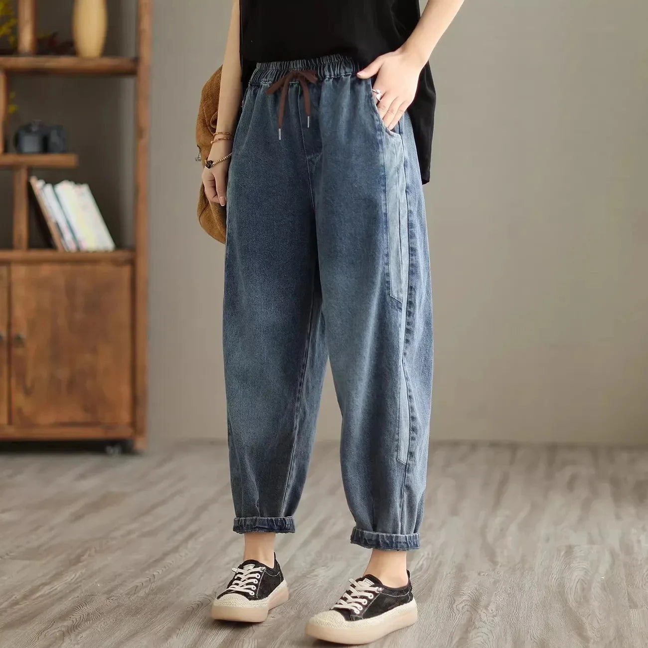 Elastic Denim Harem Pants
