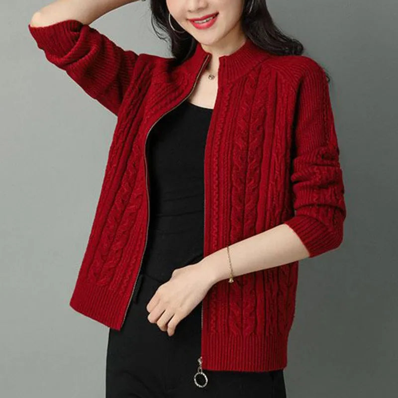 High Collar Zipper Knitted Cardigan