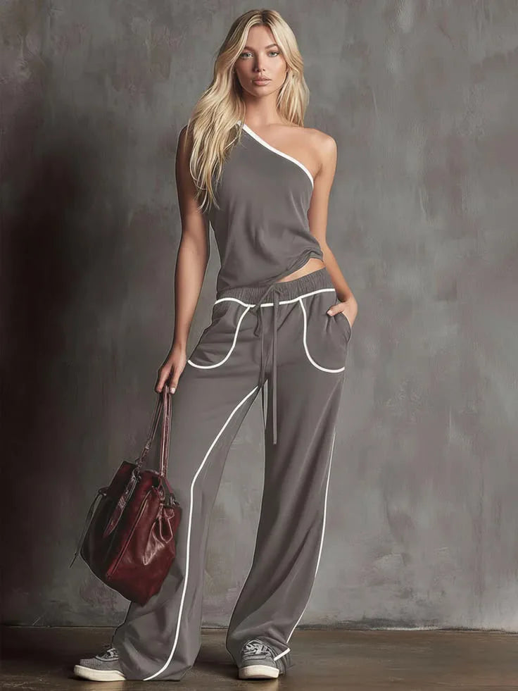 New Summer Women's Casual Straight Wide-leg Pants + Slanted Shoulder Short Fashion Top Two-piece Set Woman Fashion Sporty Suit