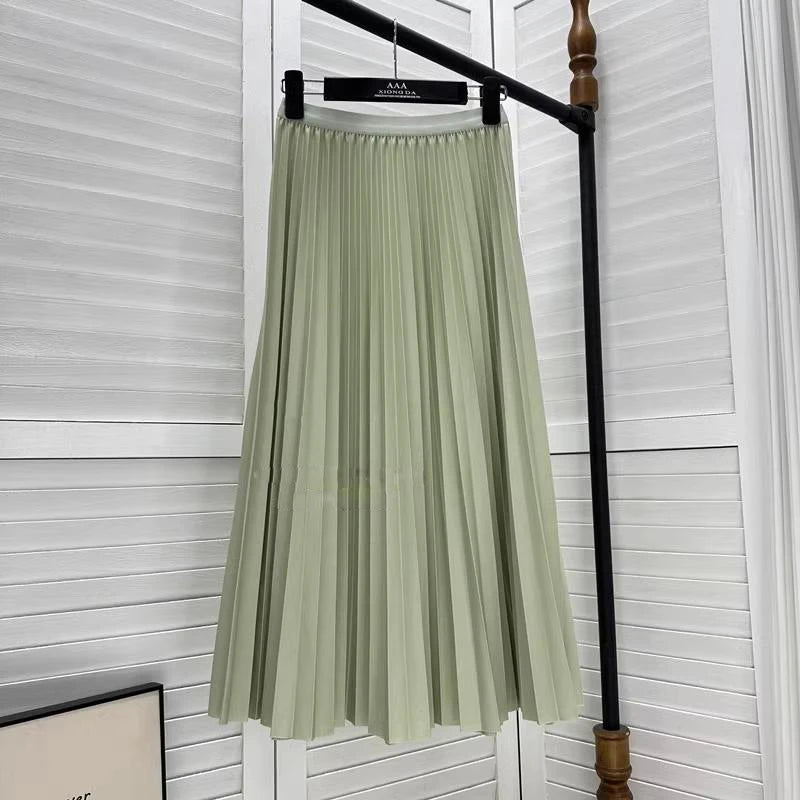 2026 Elegant High Waist Pleated Skirt for Women Mid-long Midi Skirt Female High Quality Black Saia