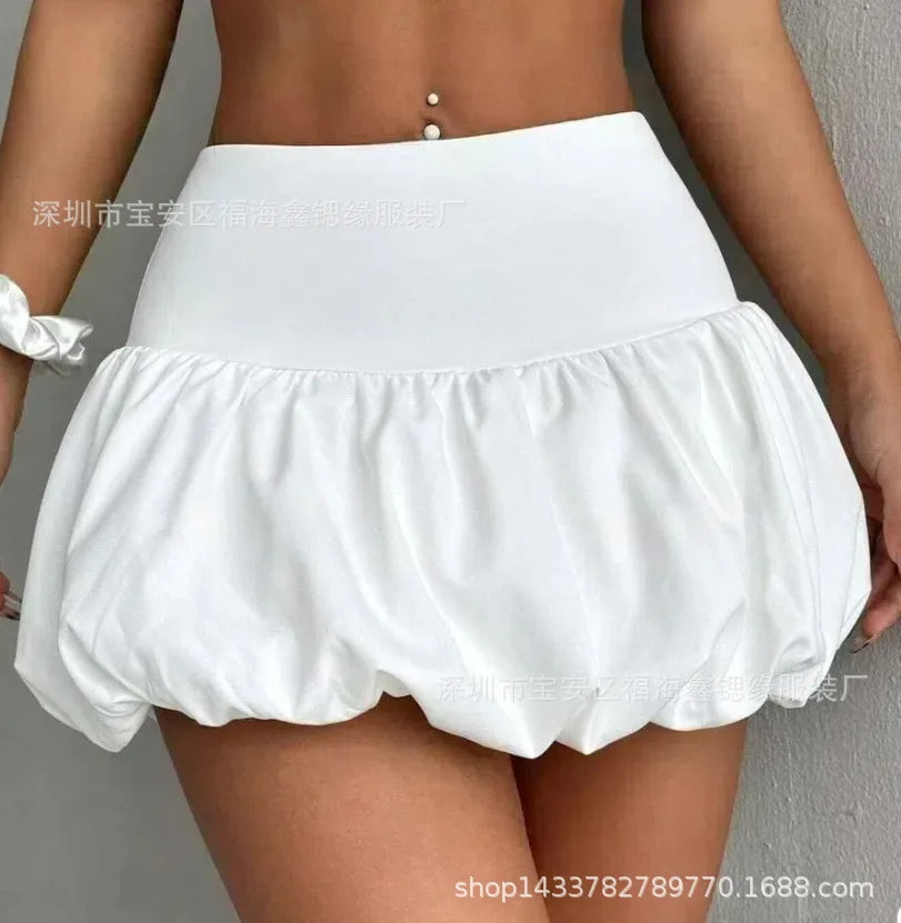 Women Ruffle Hem Ruched Puffy Short Skirt Elastic Waist Patchwork Pleated Bubble Mini Skirt Girls Cute Balloon Skirt Streetwear