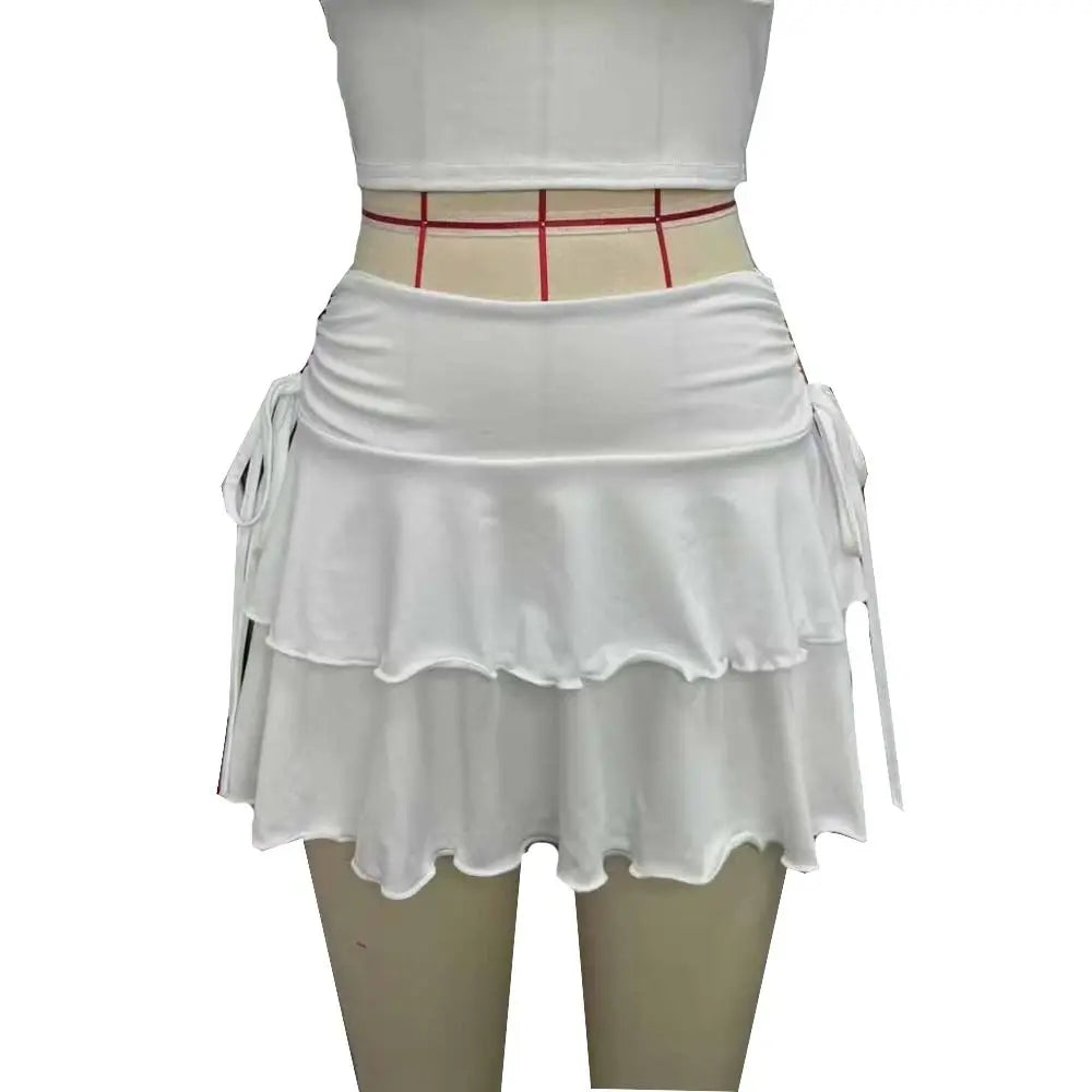 Solid Color Lace Up Girls Short Mini Skirt Ruffle Slim Fit High Waist A-line Skirt Teens Cake Dress Pleated Mini Skirts Summer