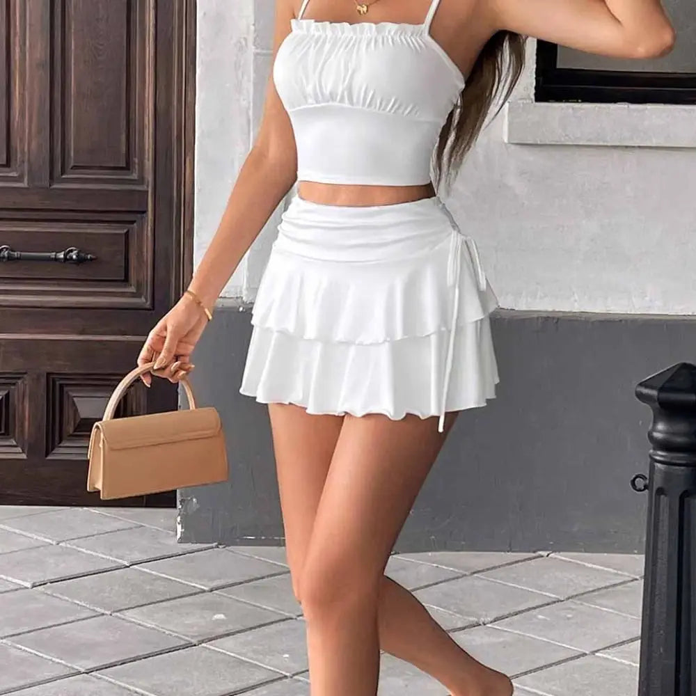 Solid Color Lace Up Girls Short Mini Skirt Ruffle Slim Fit High Waist A-line Skirt Teens Cake Dress Pleated Mini Skirts Summer