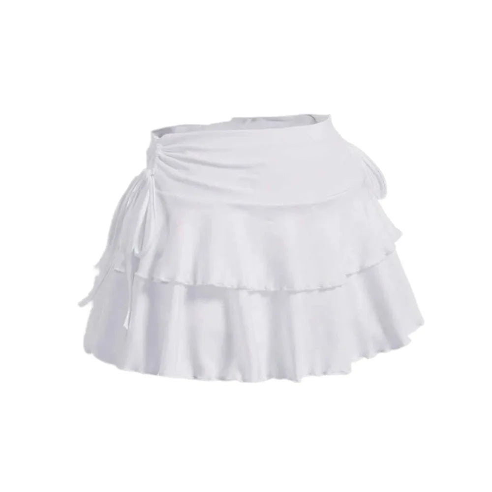Solid Color Lace Up Girls Short Mini Skirt Ruffle Slim Fit High Waist A-line Skirt Teens Cake Dress Pleated Mini Skirts Summer