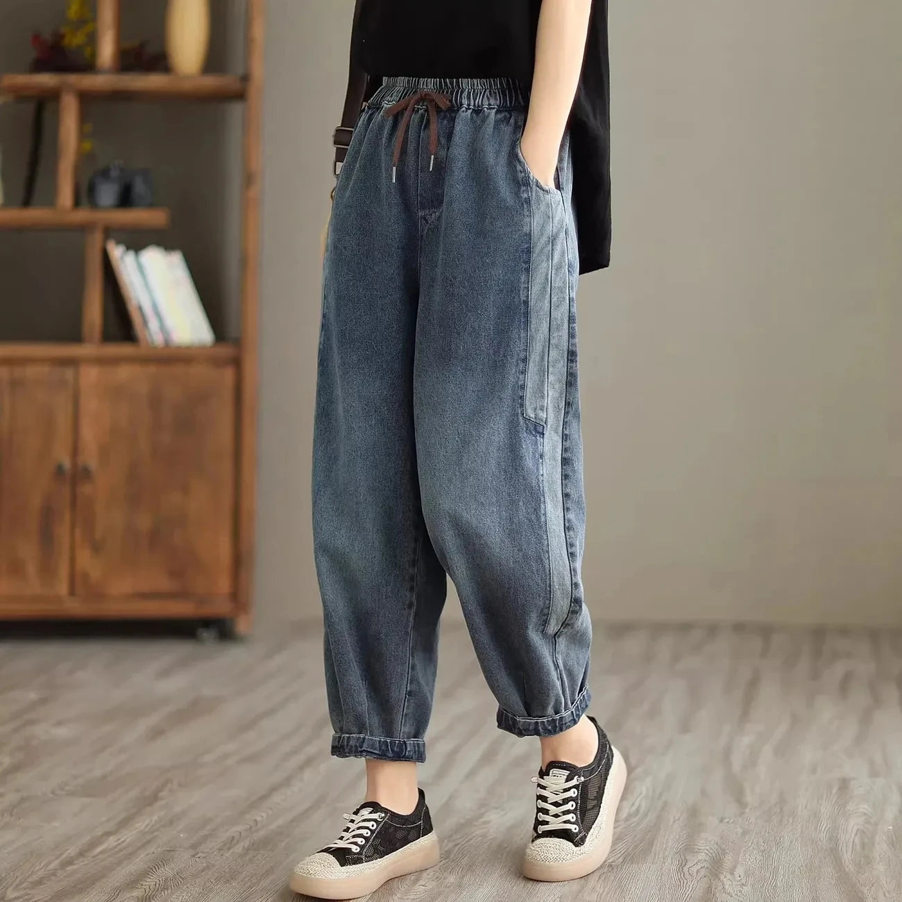 Elastic Denim Harem Pants