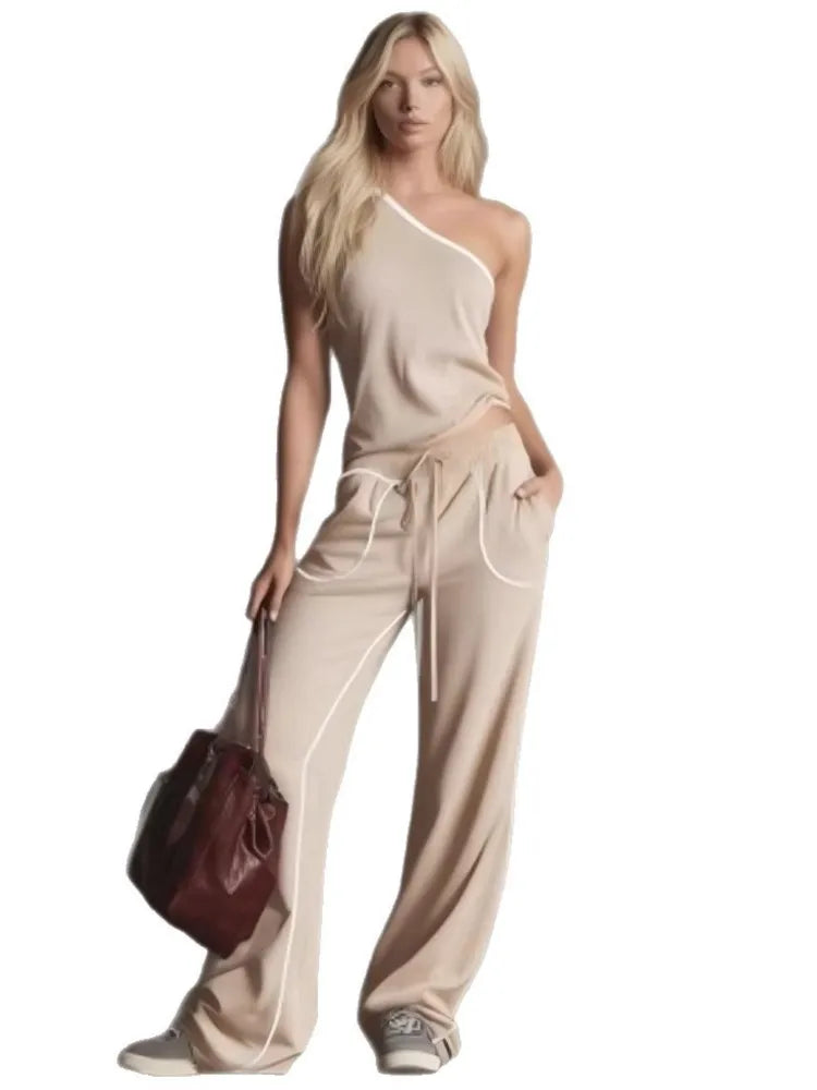 New Summer Women's Casual Straight Wide-leg Pants + Slanted Shoulder Short Fashion Top Two-piece Set Woman Fashion Sporty Suit