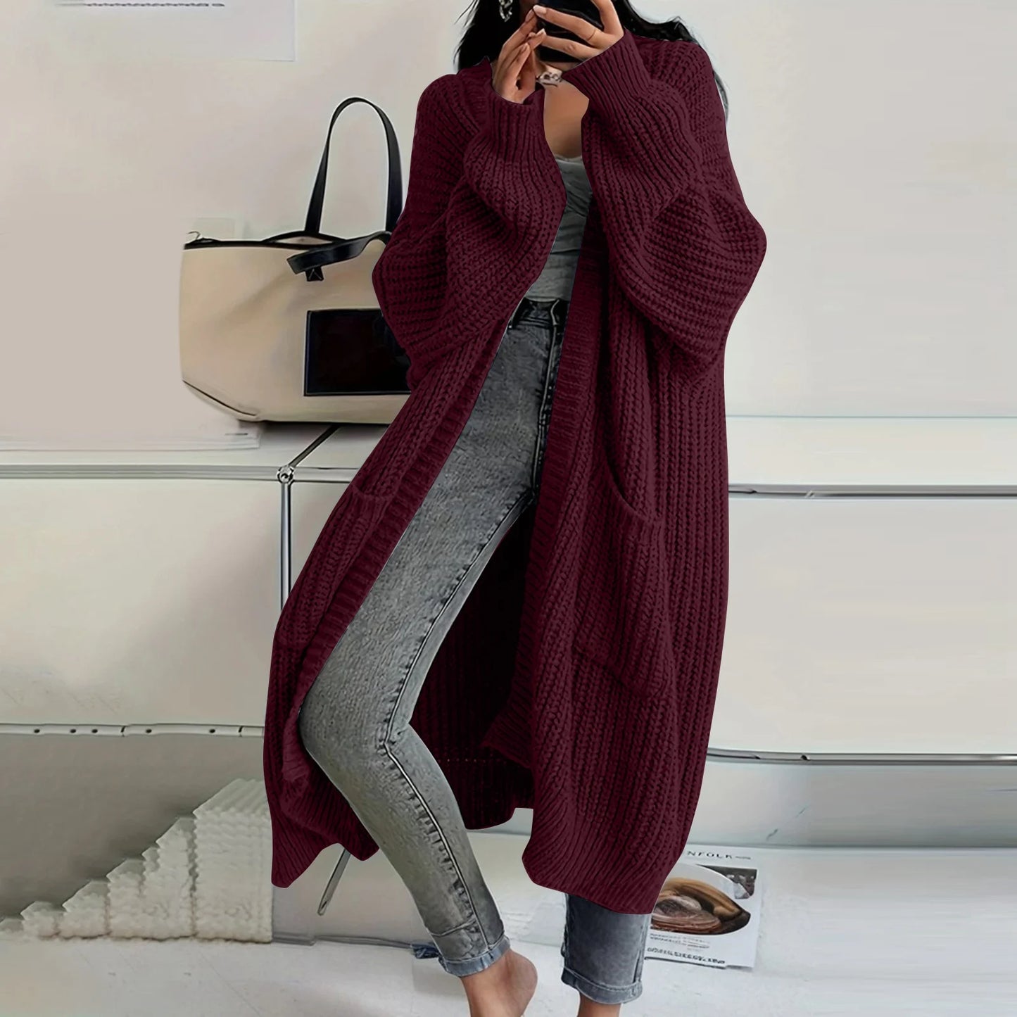 Long Sleeved Knee Length Knitted Overcoat