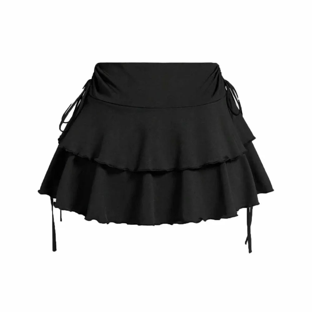 Solid Color Lace Up Girls Short Mini Skirt Ruffle Slim Fit High Waist A-line Skirt Teens Cake Dress Pleated Mini Skirts Summer