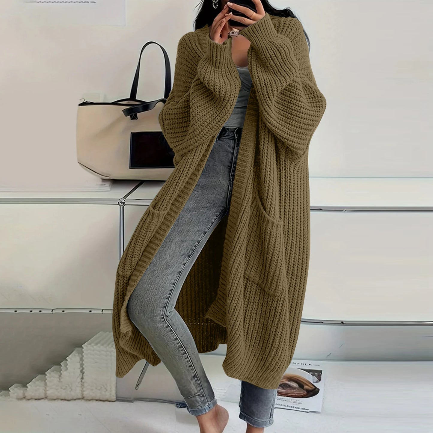 Long Sleeved Knee Length Knitted Overcoat