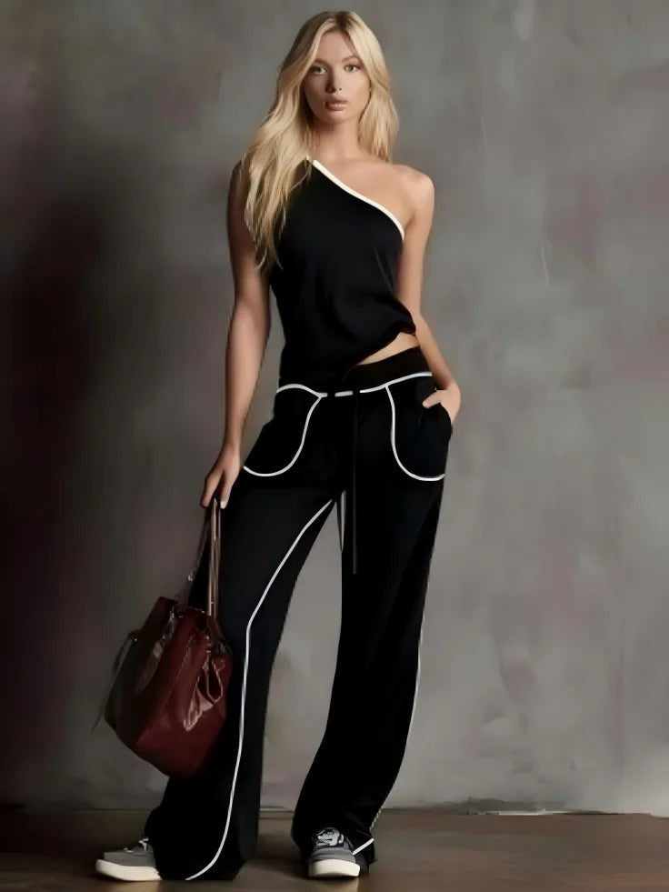 New Summer Women's Casual Straight Wide-leg Pants + Slanted Shoulder Short Fashion Top Two-piece Set Woman Fashion Sporty Suit