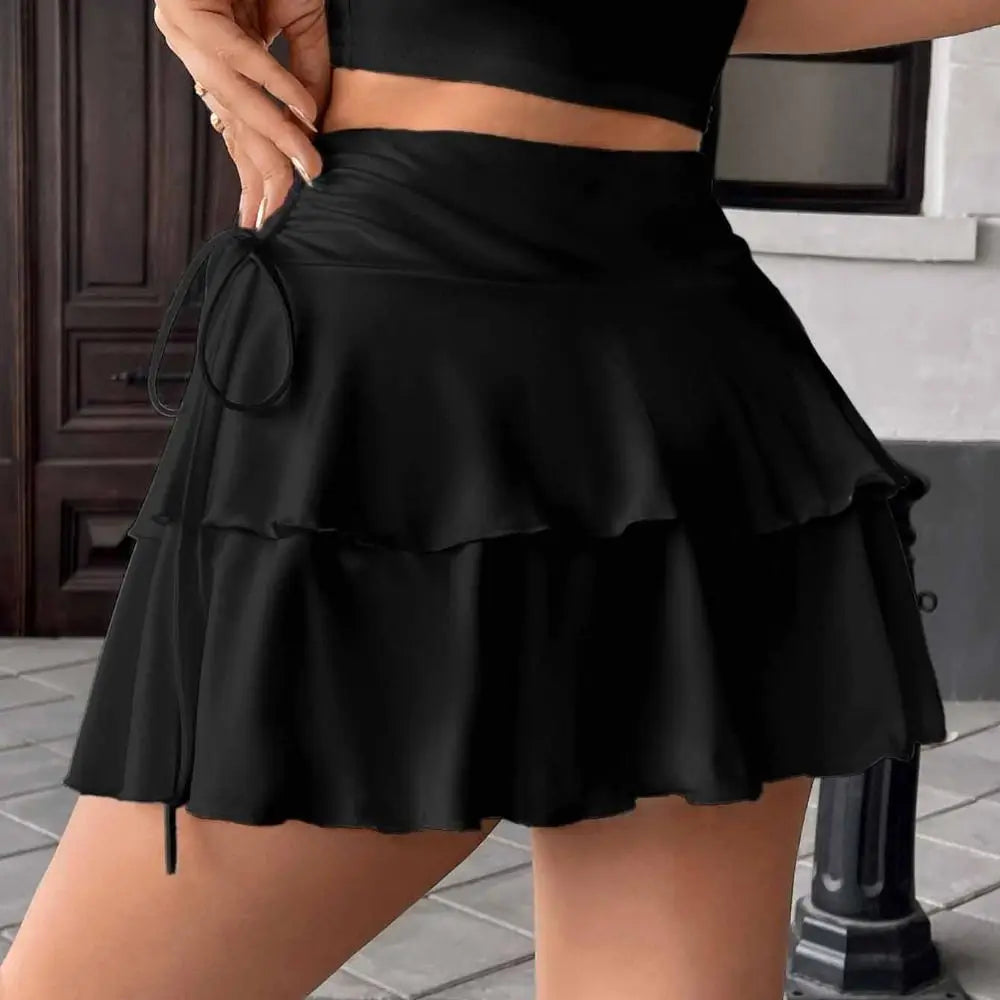 Solid Color Lace Up Girls Short Mini Skirt Ruffle Slim Fit High Waist A-line Skirt Teens Cake Dress Pleated Mini Skirts Summer