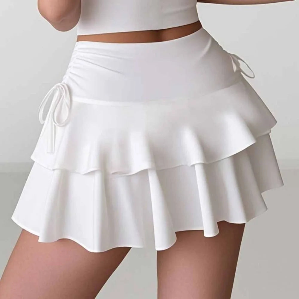 Solid Color Lace Up Girls Short Mini Skirt Ruffle Slim Fit High Waist A-line Skirt Teens Cake Dress Pleated Mini Skirts Summer